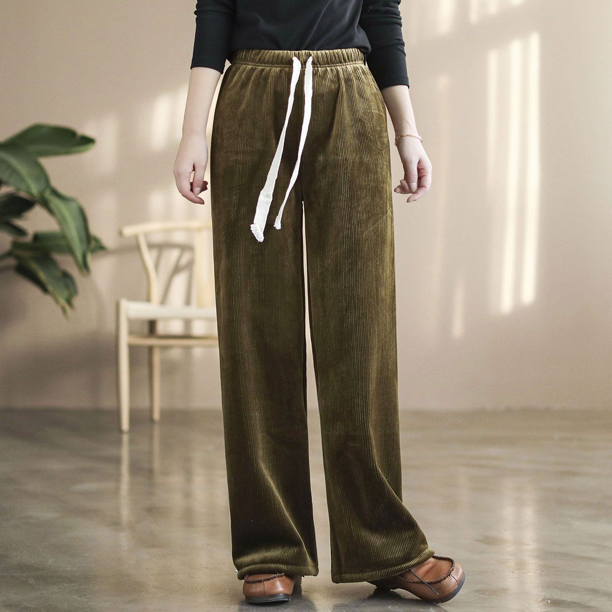 Winter High Waist Plush Casual Wide Leg Pants