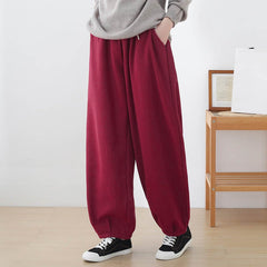 Winter Plush Women Retro Loose Linen Wide Leg Pants