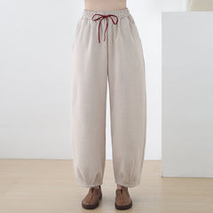 Winter Plush Women Retro Loose Linen Wide Leg Pants