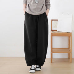 Winter Plush Women Retro Loose Linen Wide Leg Pants