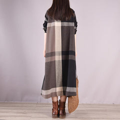 Winter Retro Casual Cotton Plaid Patchwork Single-Breasted Dress