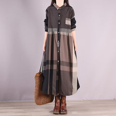 Winter Retro Casual Cotton Plaid Patchwork Single-Breasted Dress