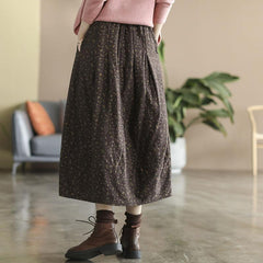 Winter Retro Cotton Linen Floral A-Linen Thick Skirt