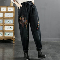 Winter Retro Embroidery Furred Cotton Jeans