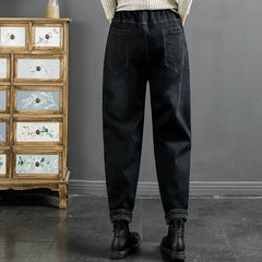 Winter Retro Embroidery Furred Cotton Jeans