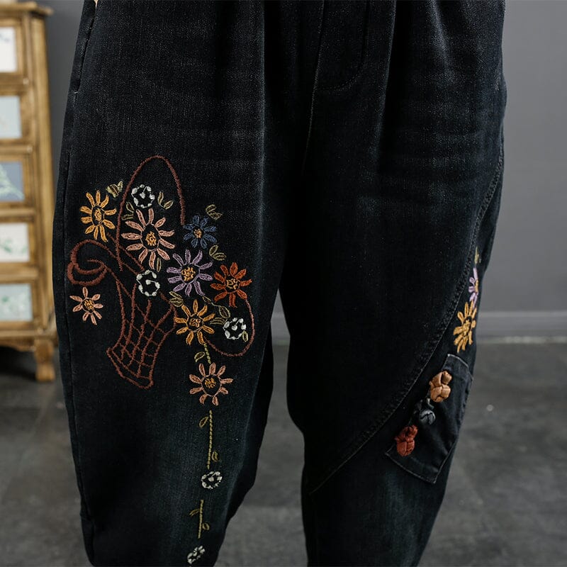 Winter Retro Embroidery Furred Cotton Jeans