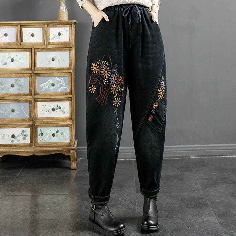 Winter Retro Embroidery Furred Cotton Jeans