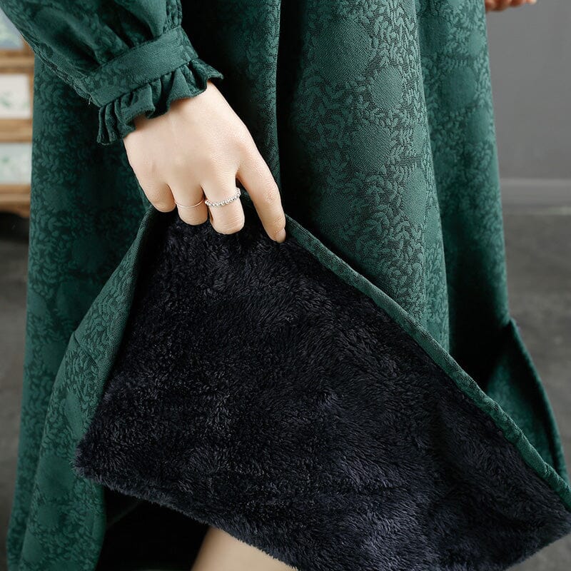 Winter Retro Floral Figured Cotton Linen Furred Dress