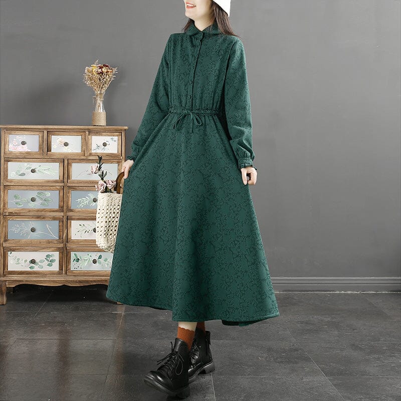 Winter Retro Floral Figured Cotton Linen Furred Dress