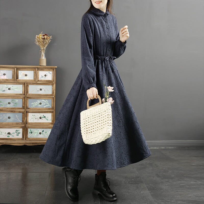 Winter Retro Floral Figured Cotton Linen Furred Dress