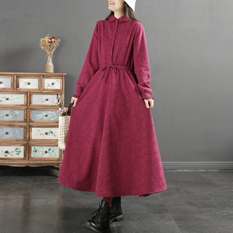 Winter Retro Floral Figured Cotton Linen Furred Dress