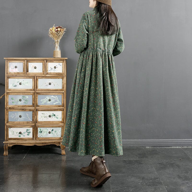 Winter Retro Floral Furred Cotton Linen Dress