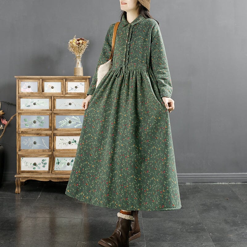 Winter Retro Floral Furred Cotton Linen Dress