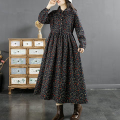 Winter Retro Floral Furred Cotton Linen Dress