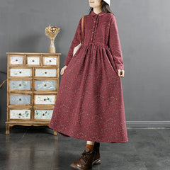 Winter Retro Floral Furred Cotton Linen Dress