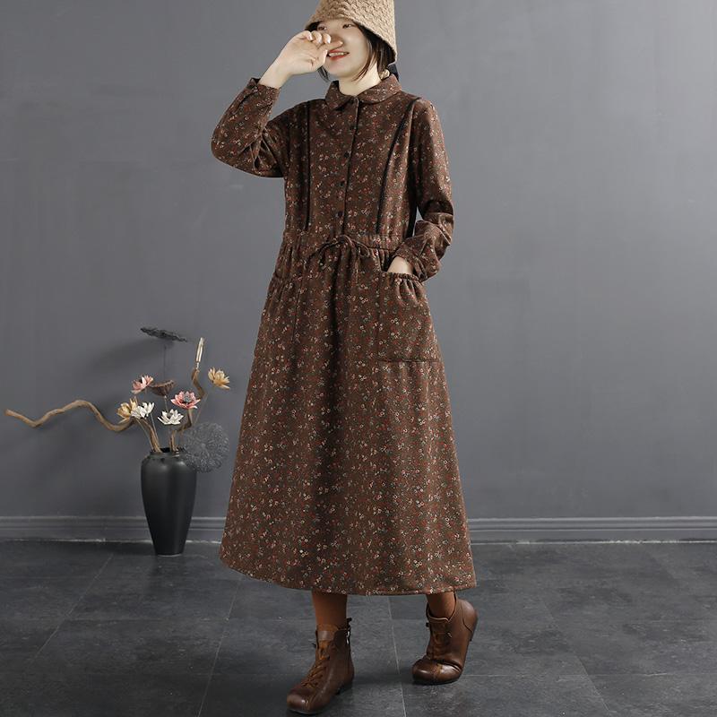 Winter Retro Floral Loose Plush A-Line Dress