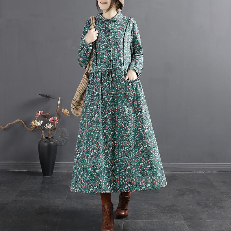 Winter Retro Floral Loose Plush A-Line Dress