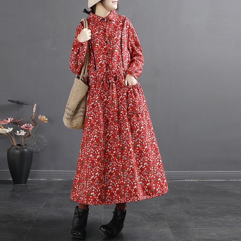 Winter Retro Floral Loose Plush A-Line Dress