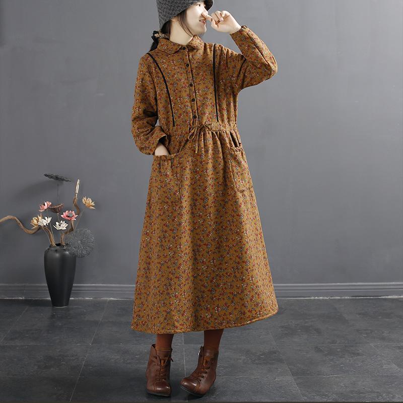 Winter Retro Floral Loose Plush A-Line Dress