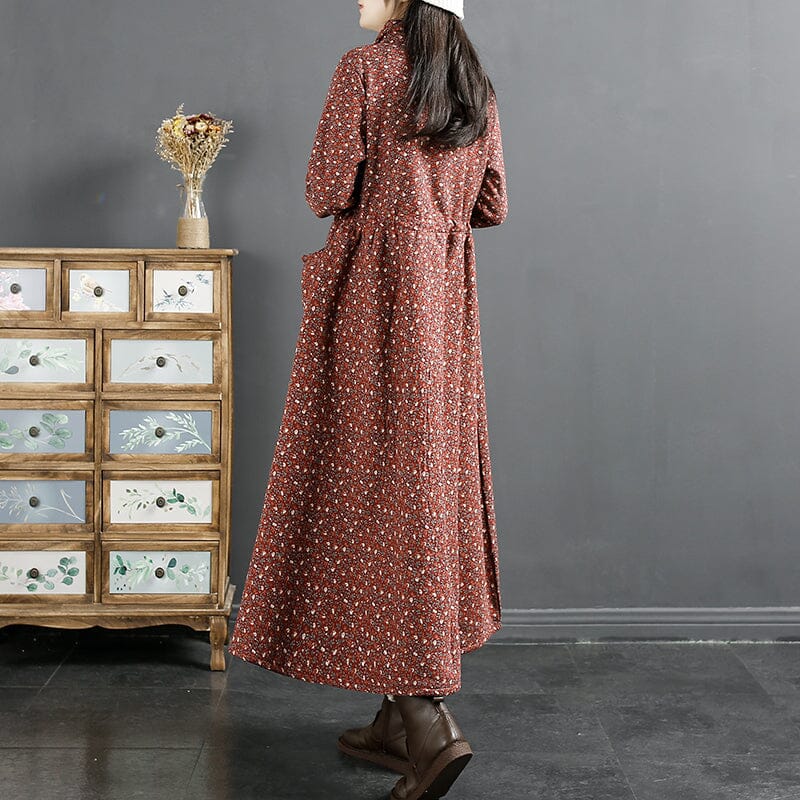 Winter Retro Furred Cotton Linen Floral Dress