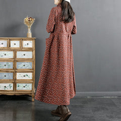 Winter Retro Furred Cotton Linen Floral Dress