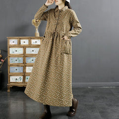 Winter Retro Furred Cotton Linen Floral Dress