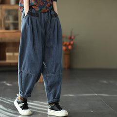 Winter Retro Patchwork Thicken Plush Loose Harem Jeans