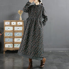 Winter Retro Pleated Cotton Linen Floral Dress