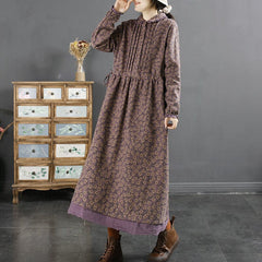 Winter Retro Pleated Cotton Linen Floral Dress