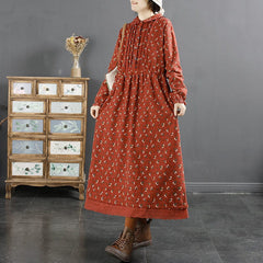 Winter Retro Pleated Cotton Linen Floral Dress