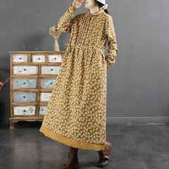 Winter Retro Pleated Cotton Linen Floral Dress