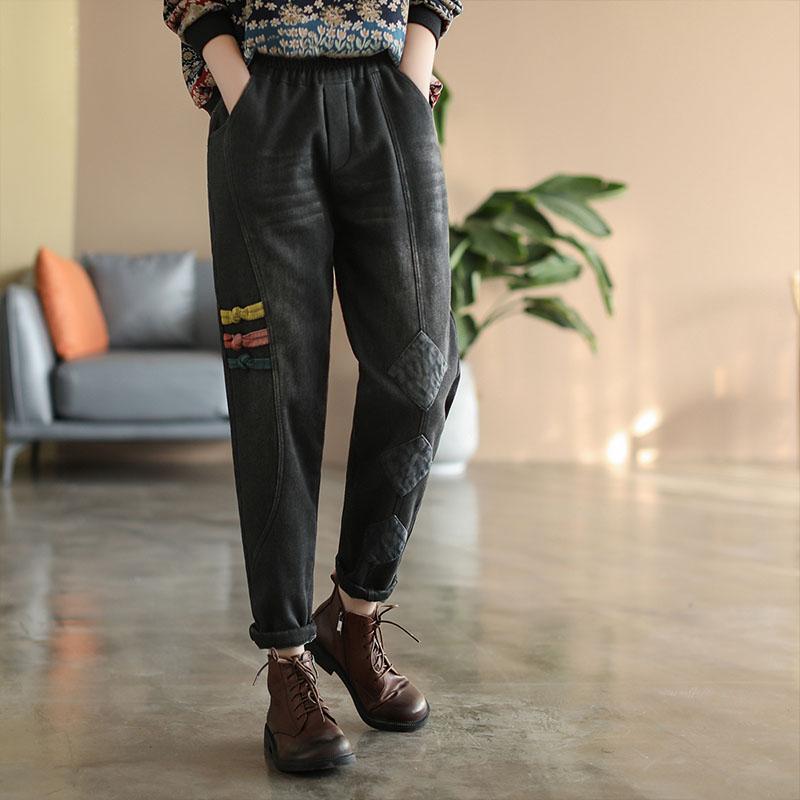 Winter Retro Plush Patchwork Elastic Waist Cotton Jeans