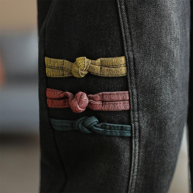 Winter Retro Plush Patchwork Elastic Waist Cotton Jeans