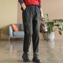 Winter Retro Thick Cotton Embroidery Harem Cotton Jeans