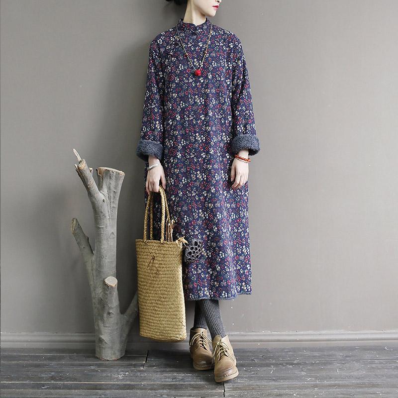 Winter Retro Thick Plush Floral Stand Collar Cotton Dress