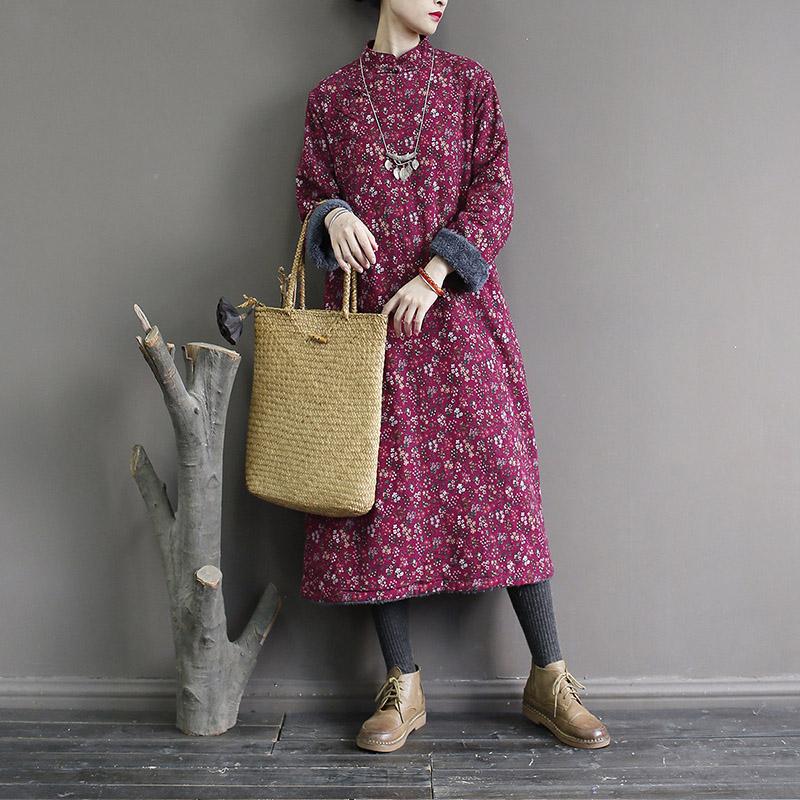 Winter Retro Thick Plush Floral Stand Collar Cotton Dress