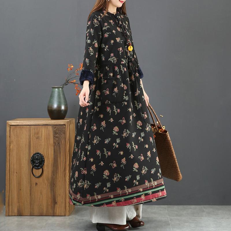 Winter Thick Plush Floral Retro Cotton Linen Dress