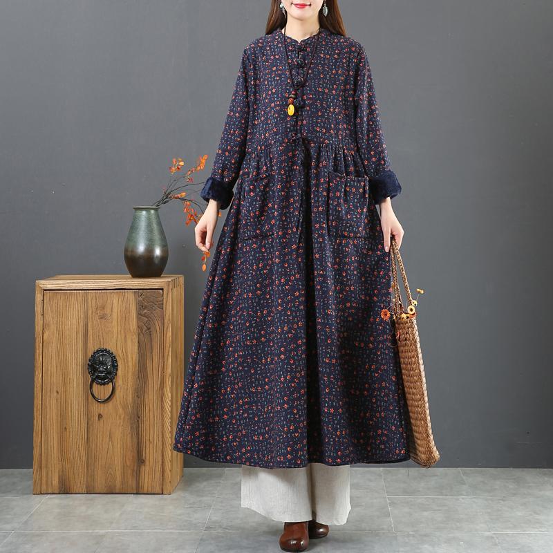 Winter Thick Plush Floral Retro Cotton Linen Dress