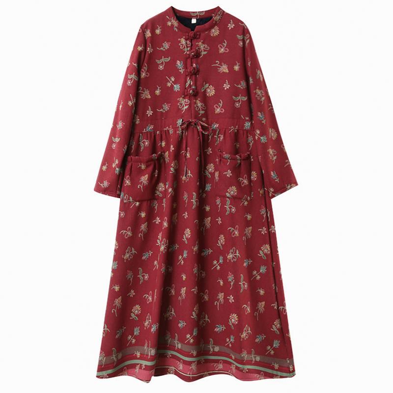 Winter Thick Plush Floral Retro Cotton Linen Dress