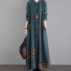 Winter Women Retro Cotton Loose Long Sleeve Dress