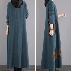 Winter Women Retro Cotton Loose Long Sleeve Dress