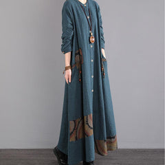 Winter Women Retro Cotton Loose Long Sleeve Dress