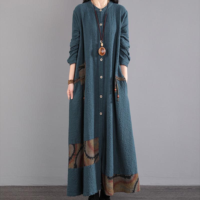 Winter Women Retro Cotton Loose Long Sleeve Dress