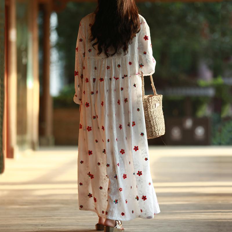 Women A-Line Floral Gathered Cotton Long Sleeve Dress