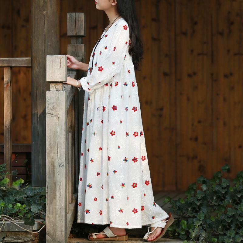 Women A-Line Floral Gathered Cotton Long Sleeve Dress