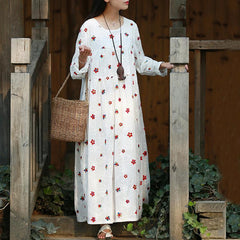 Women A-Line Floral Gathered Cotton Long Sleeve Dress