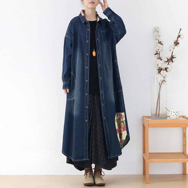 Women Autumn Retro Patchwork Cotton Denim Dress