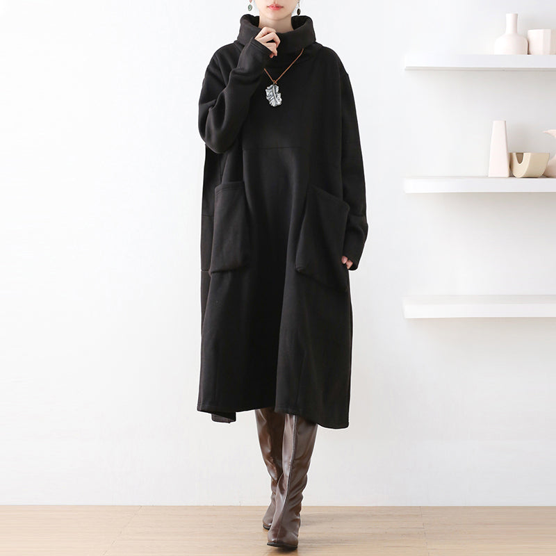 Women Autumn Winter Cotton Loose Retro Solid Dress