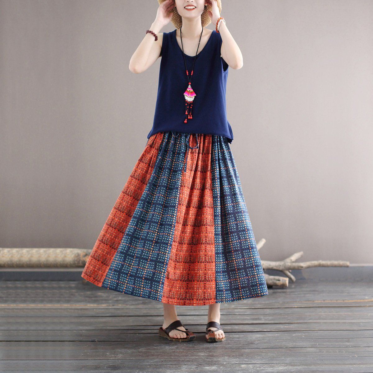 Women Boho Retro Patchwork A-line Cotton Skirt