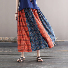 Women Boho Retro Patchwork A-line Cotton Skirt